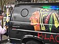 A Canucks fan smashes up a Blackhawks van as part of a radio promotion prior to Game 1 on Wednesday night.