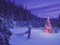 Christmas tree glowing outdoors under a snowy sky