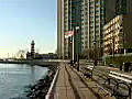 Royalty Free Stock Video HD Footage Boardwalk,  Buildings and American Flag in Jersey City, New Jersey