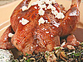 Pomegranate-Glazed Cornish Game Hens with Wild Rice-Chestnut Stuffing and Yogurt Sauce