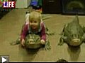 Une petite fille s’amuse avec deux crocodiles...