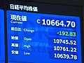 22日の東京株式市場、21日より192円83銭安い、1万0,664円70銭で取引終了