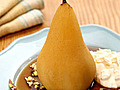 Green Tea Poached Pears with Pistachio Brittle