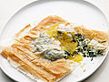 Phyllo Squares with Baked Egg,  Spinach, and Cheese