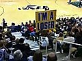 Utah Jazz mascot gets into a fight with a Cleveland Cavaliers fan