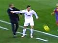Cristiano Ronaldo pushes Pep Guardiola during El Clasico