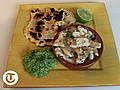 Homemade flat bread,  chicken with cardamom, fresh coriander