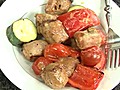 Sausage and Vegetable Kebabs with Mustard Sauce