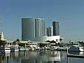 Royalty Free Stock Video HD Footage High Rise Condos and Office Buildings and Marina at Bayside in Downtown Miami,  Florida