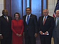 Obama visits Dems on eve of HC vote