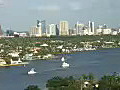 Royalty Free Stock Video HD Footage Ft. Lauderdale Skyline and Boats Docked on Intracoastal Waterway Viewed from the Top of the Pier 66 Building