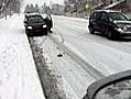 Drivers jump from cars on icy street.