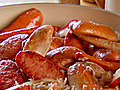 German Sausages with Apples,  Sauerkraut, and Onion