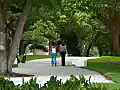 Royalty Free Stock Video HD Footage People Walk in a Park on Brickell Avenue as Traffic Passes by in Downtown Miami,  Florida