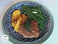 Veal saltimbocca with grilled polenta and green beans