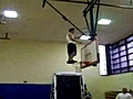 From the basketball hoop,  somersault