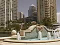 Royalty Free Stock Video SD Footage Static Shot of Water Fountains,  Condominium Apartment Buildings and Riverfront Area on a Clear Day in Downtown Ft. Lauderdale, Florida