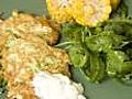 Recipe: Vegetarian courgette pancakes with corn on the cob,  rocket, creme fraiche and chives