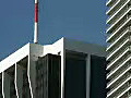 Royalty Free Stock Video HD Footage Zoom Out to High Rise Condos and Office Buildings with Royal Poinciana Blooming in Downtown Miami,  Florida