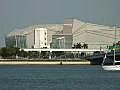 Royalty Free Stock Video HD Footage Zoom Out from Boat Traffic and the Performing Arts Center in Miami,  Florida