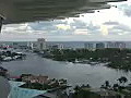 Royalty Free Stock Video HD Footage Ft. Lauderdale Beach and Boats Docked on Intracoastal Waterway Viewed from the Top of the Pier 66 Building in Ft. Lauderdale,  Florida